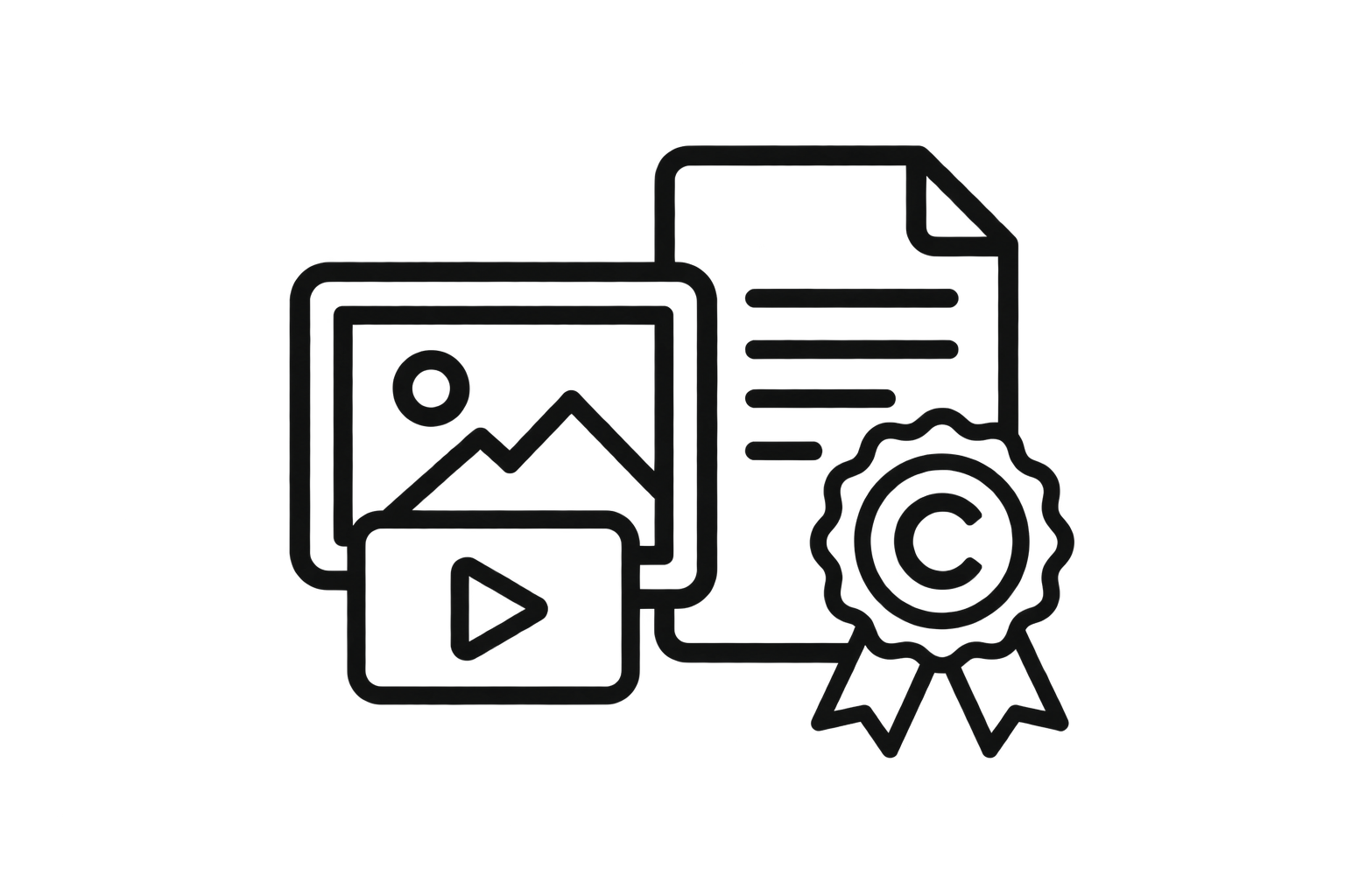 Outline of a document, a photograph, a video play button, and a ribbon badge with a gear representing certification or quality.