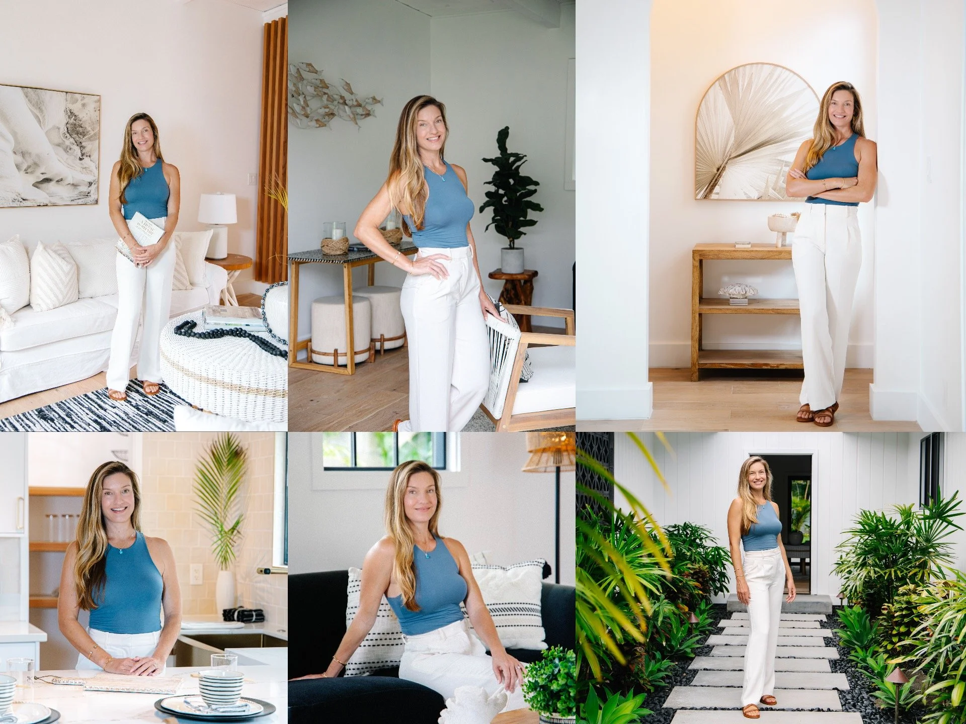 A collage of images featuring a woman with long blonde hair and a blue sleeveless top, posing indoors and outdoors in various modern, stylish settings like a living room, kitchen, and garden path.