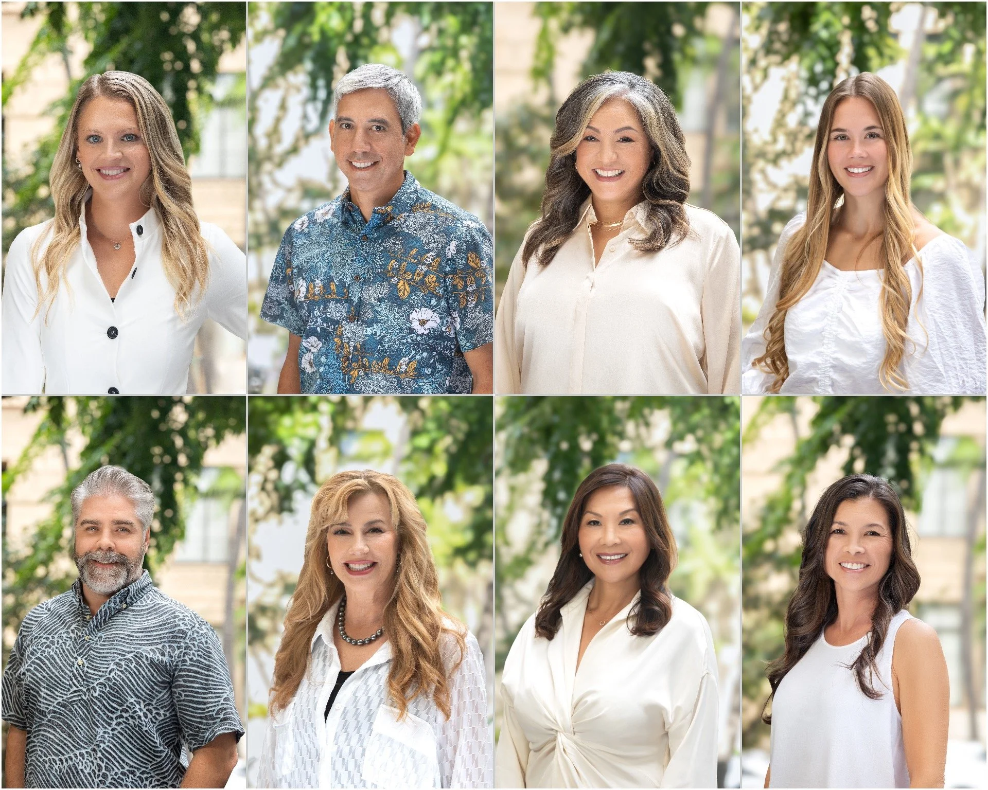 Collage of eight diverse adults smiling outdoors in a park-like setting with green trees in the background.