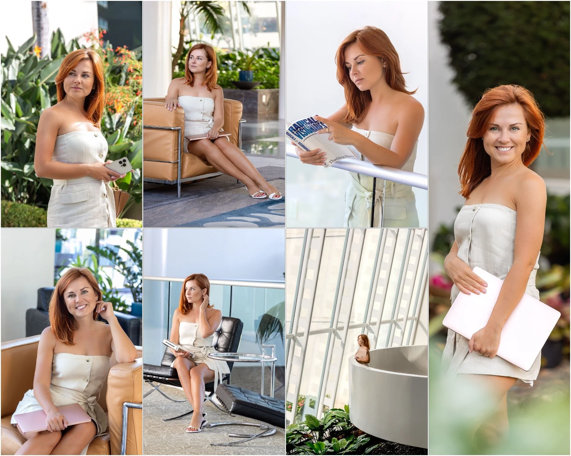 A collage of a red-haired woman in various outdoor and indoor settings, wearing a strapless beige dress, either sitting, standing, or using her phone, with some images showing her smiling and others appearing thoughtful.