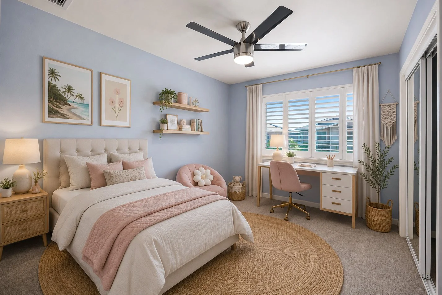 A cozy bedroom with a light blue wall, white bed with pink and beige pillows, a woven round rug, a nightstand with lamps, a desk with a pink chair, window with white blinds and curtains, and wall decor including paintings, a shelf with plants and boo
