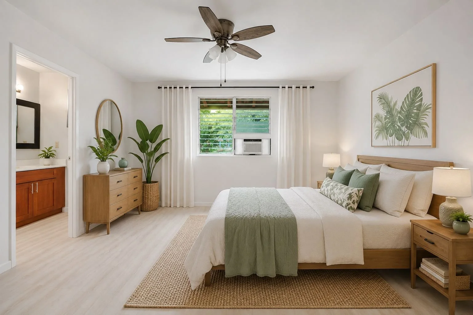 A bedroom with white walls, a wooden bed with white and green bedding, two matching wooden nightstands with lamps, a large window with white curtains, a ceiling fan, and a dresser and plants on the left side.