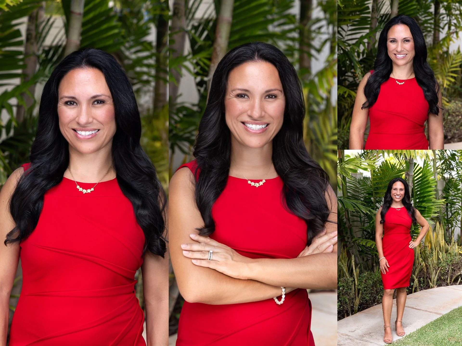 A woman with long black hair wearing a red dress and jewelry standing among green tropical plants, smiling in multiple poses.