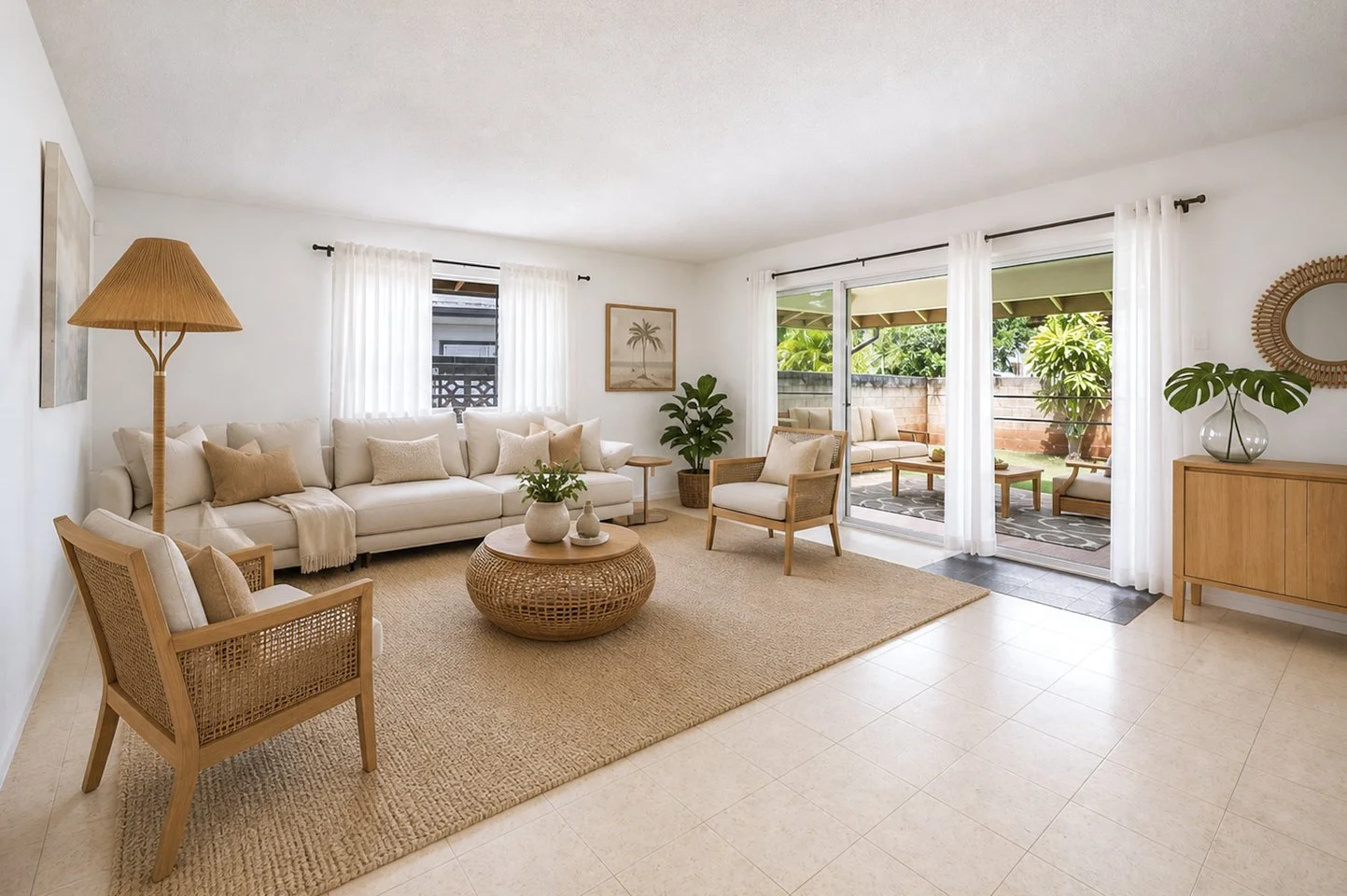 Living room with white sofa, wooden chairs, and sliding glass doors opening to patio with outdoor furniture, decorated in a neutral, coastal style.