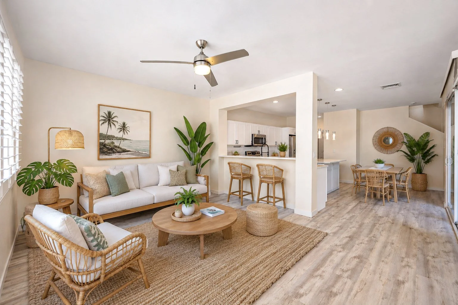 Open-concept living room and kitchen with tropical decor, wicker furniture, large plants, and a neutral color palette.
