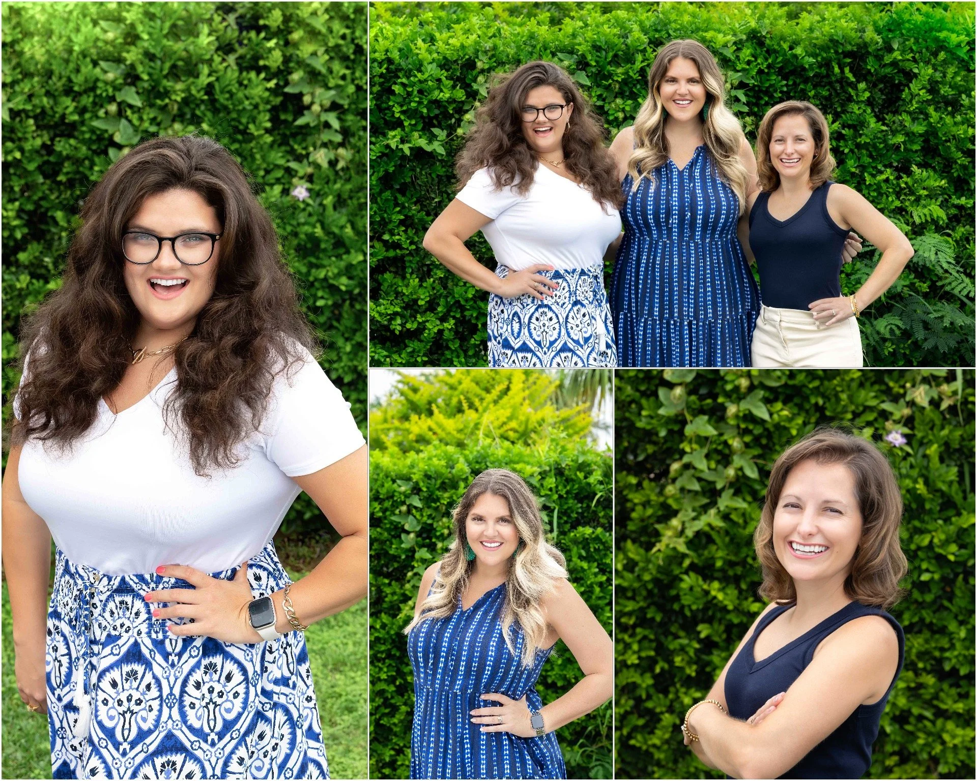 Collage of five women smiling outdoors in front of a green hedge, dressed in casual summer clothing.