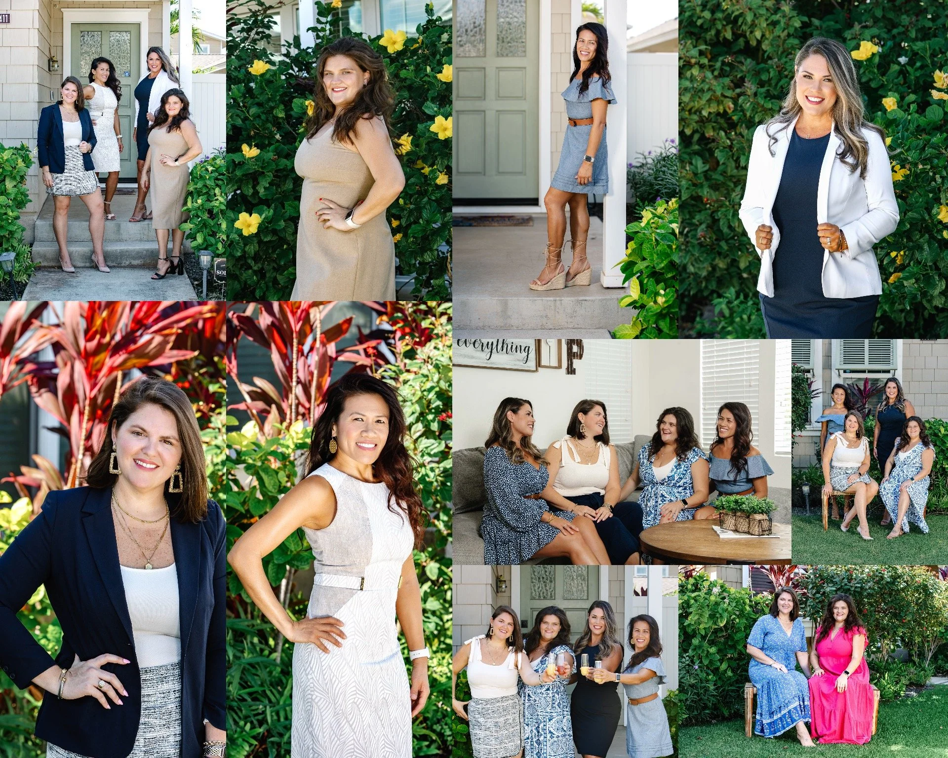 A collage of images featuring women at a social gathering outdoors and indoors. The photos show women smiling, posing, and chatting, with backgrounds of greenery, a house, and a sunny garden.