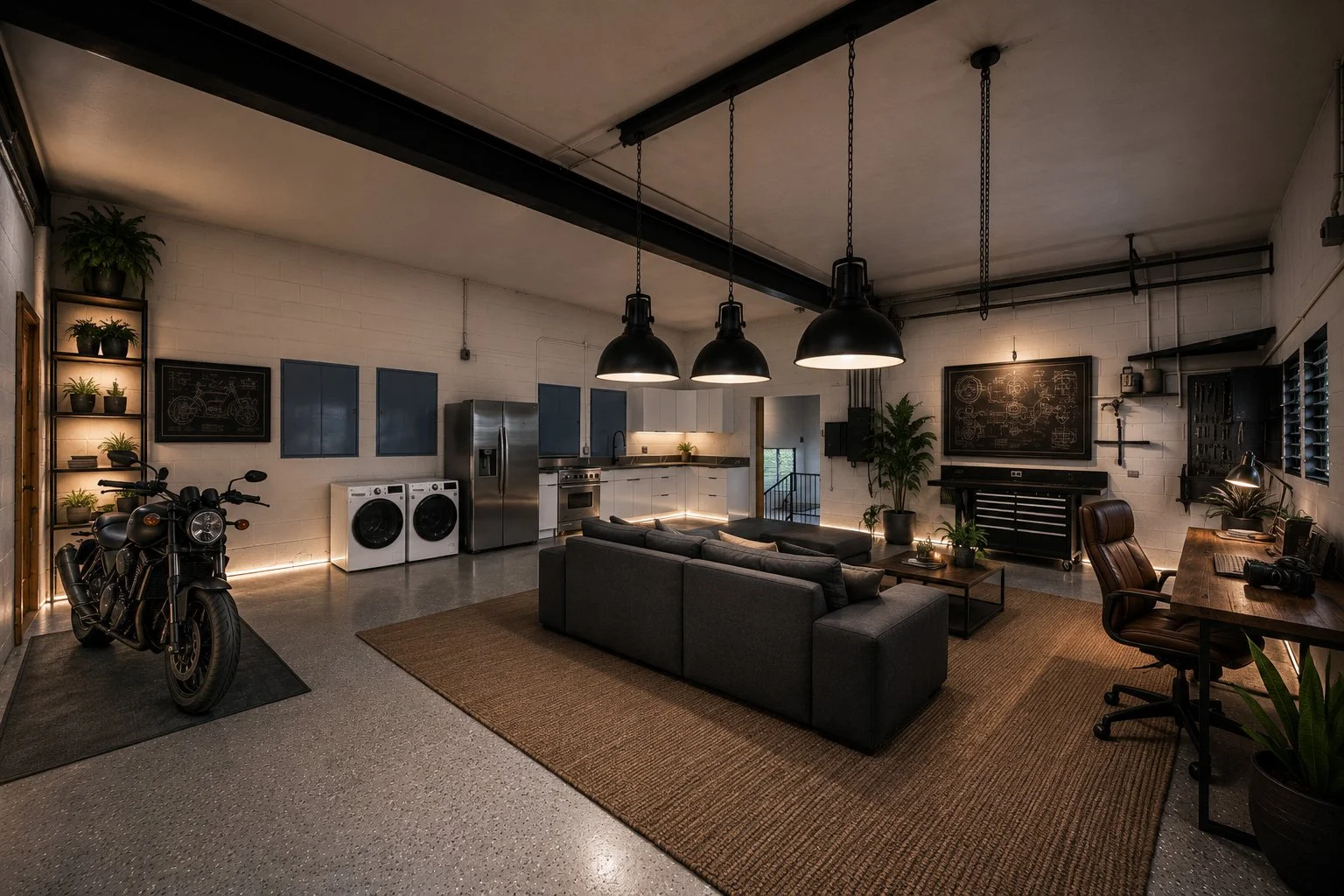 Loft-style living room with a black motorcycle on a mat, gray sectional sofa, wooden desk with computer and camera, kitchen area with washer and dryer, refrigerator, and black pendant lights, exposed ceiling beams, plants, and blackboard sketches on 
