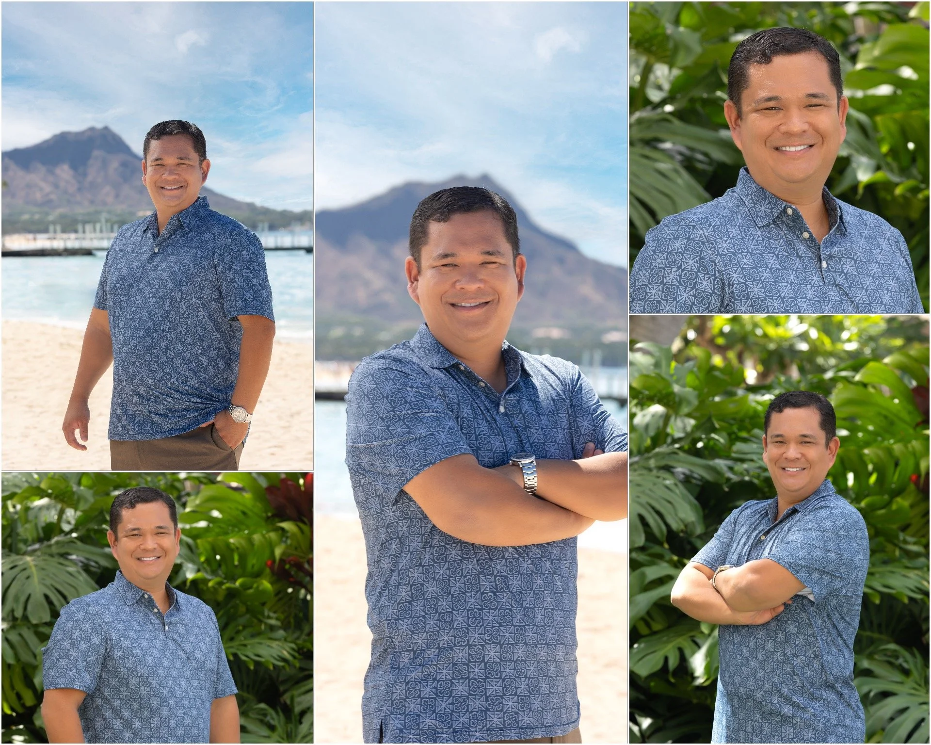 Collage of a man smiling in various outdoor settings, including a beach with mountains and lush greenery.