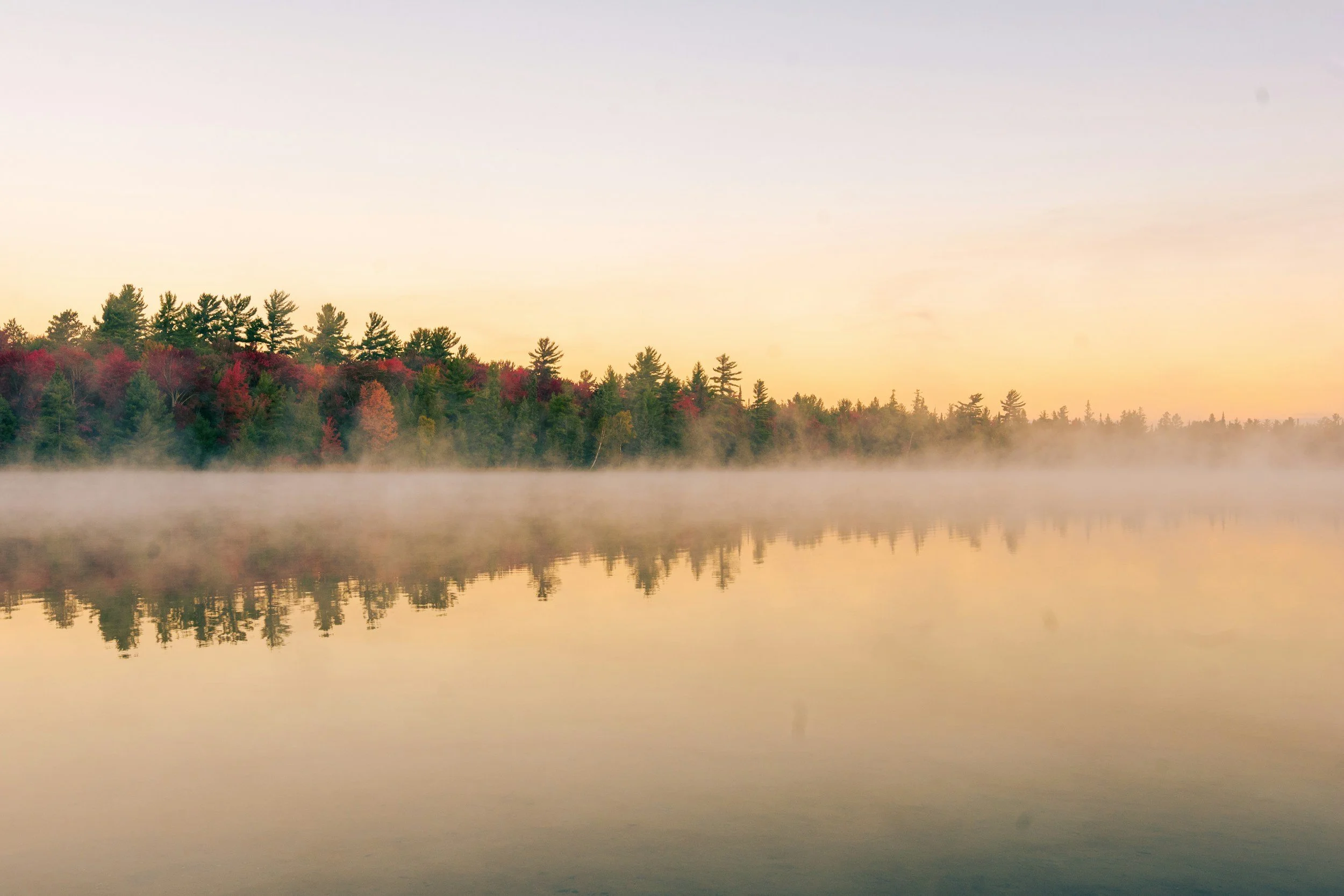 A peaceful lake at dawn with mist rising, surrounded by a forest of trees with some colorful autumn foliage, and a clear sky reflecting in the still water.