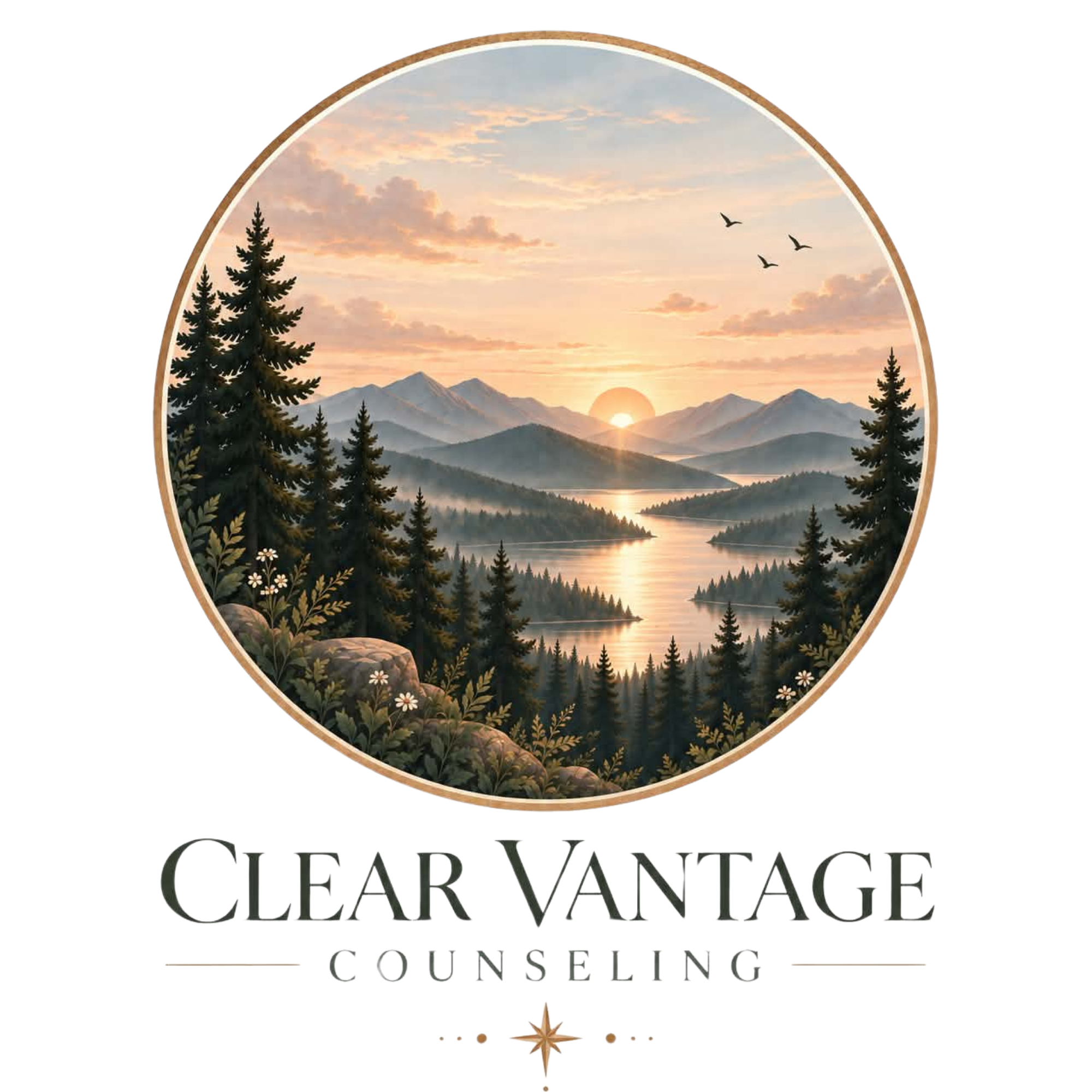 Logo for Clear Vantage Counseling featuring a scenic mountain sunset with trees and birds.