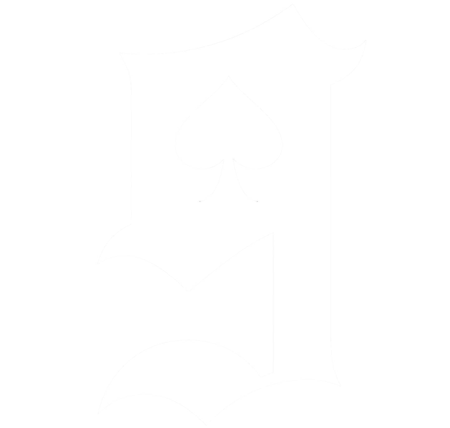 A black and white stylized illustration of a playing card, depicting the suit of spades.