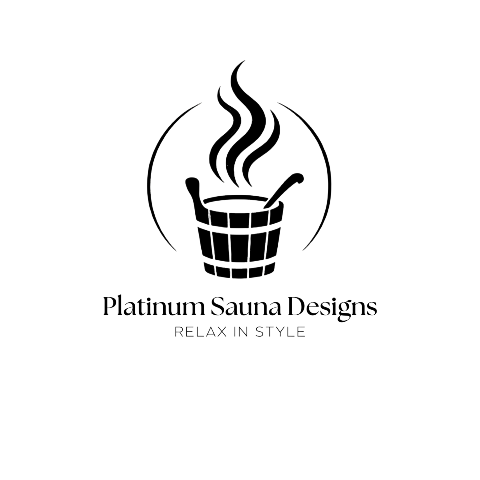 Silhouette of a steaming sauna bucket and ladle with the text 'Platinum Sauna Designs' and 'Relax in Style'.
