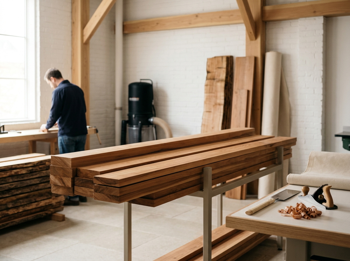 A man working in a woodworking shop with piles of lumber and woodworking tools around.
