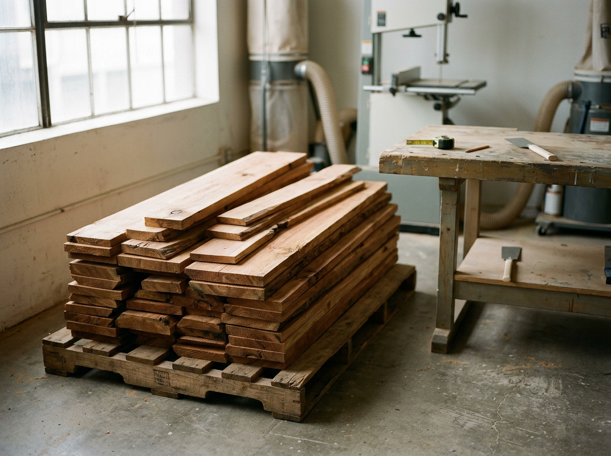 A stack of cut wooden planks on a pallet in a woodworking shop with a worktable, tools, and equipment in the background.