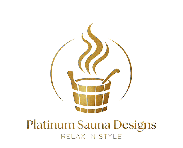 Gold logo for Platinum Sauna Designs featuring a sauna bucket with steam and a ladle, accompanied by the text "Platinum Sauna Designs" and the tagline "Relax in Style."