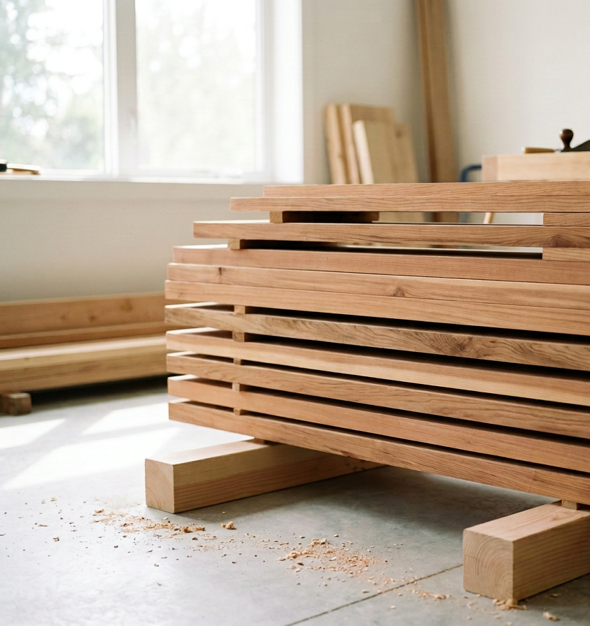 Stack of wooden planks in a woodworking shop with sawdust on the floor.