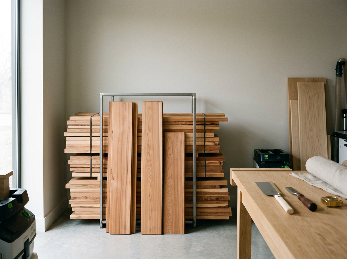 Stack of wooden planks and boards in a woodworking workshop with tools on a wooden table.