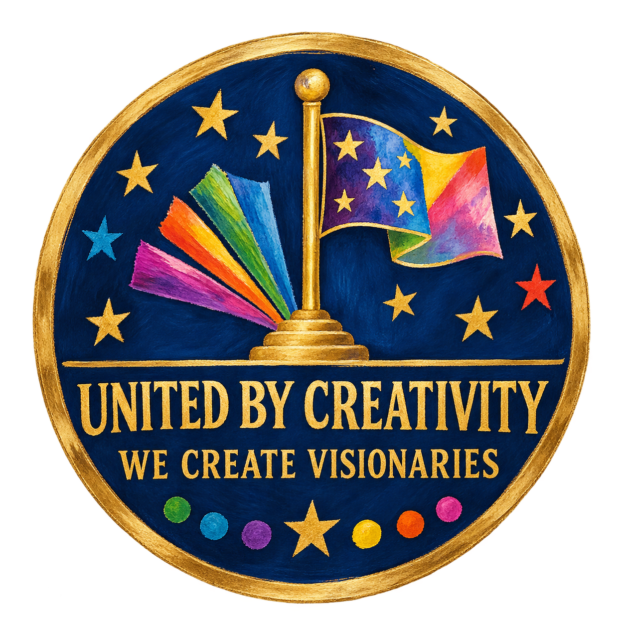 A circular emblem with a gold border featuring a gold flagpole with a rainbow-colored flag on the right and a rainbow-colored handprints on the left. The background is dark blue with gold stars scattered throughout. The text on the emblem reads 'United by Creativity, We Create Visionaries' in gold letters, with additional colorful dots at the bottom.
