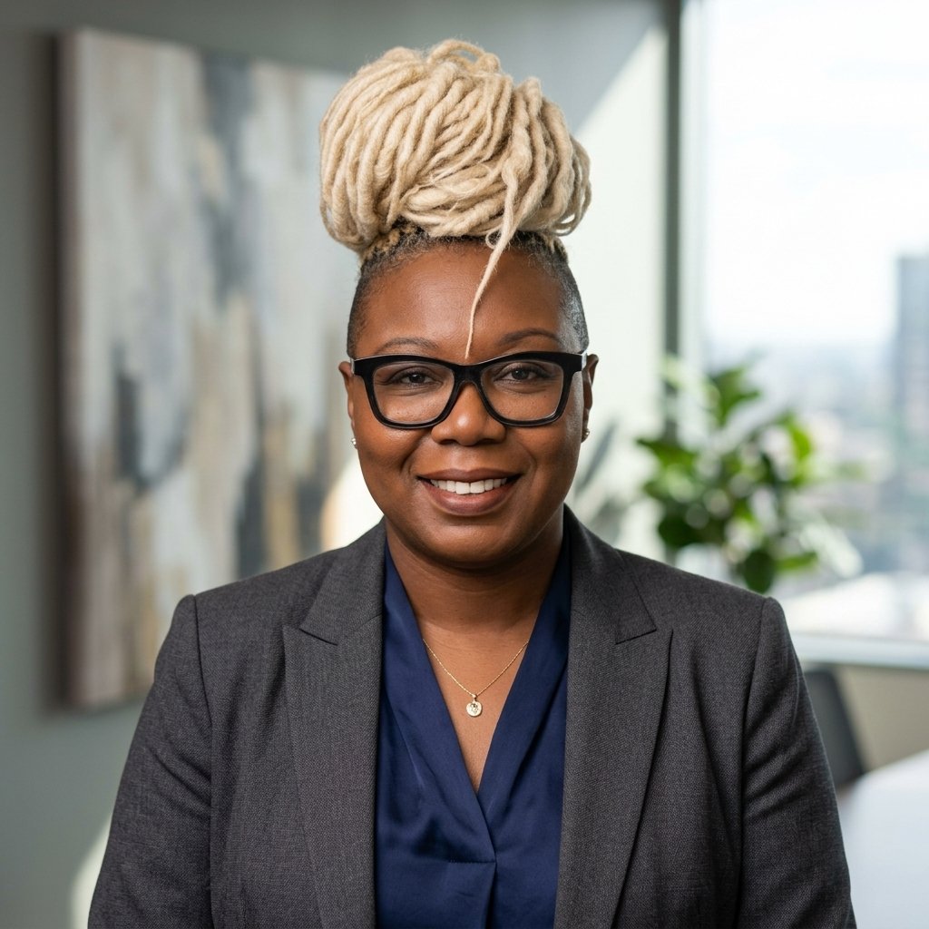 Portrait of a smiling woman with blonde dreadlocks styled in an updo, wearing black glasses, a dark gray blazer, a navy blouse, and a gold necklace, in an office setting.