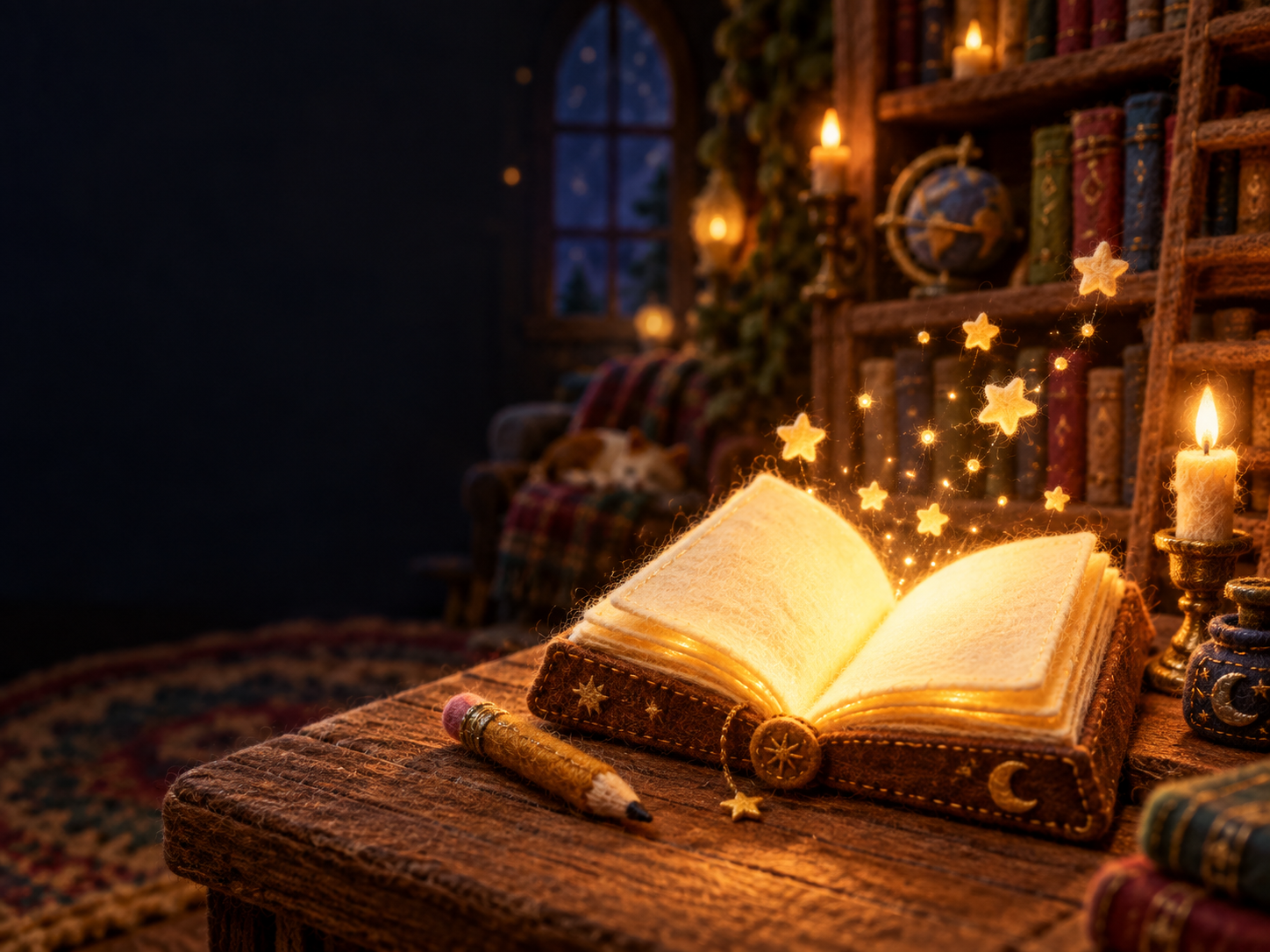 A glowing felt book lies open on a library table at night, with tiny felt stars rising from its pages.