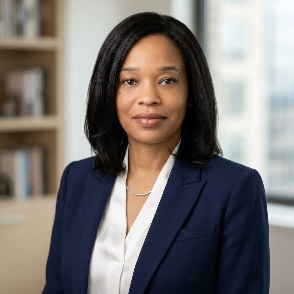 A professional woman with shoulder-length black hair wearing a navy blazer and white blouse posing indoors with bookshelves and a large window in the background.