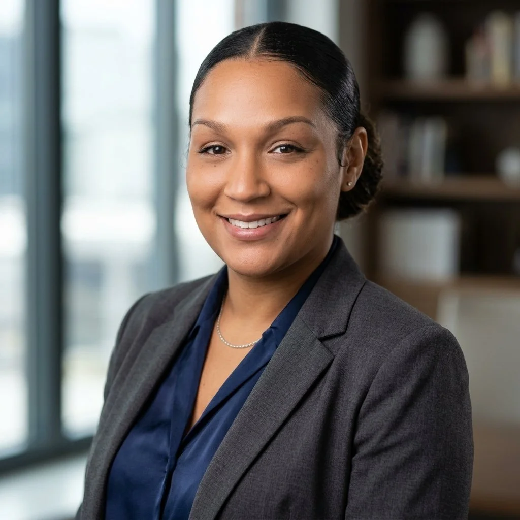 A professional woman dressed in a dark gray blazer and navy blouse smiling in an office setting.
