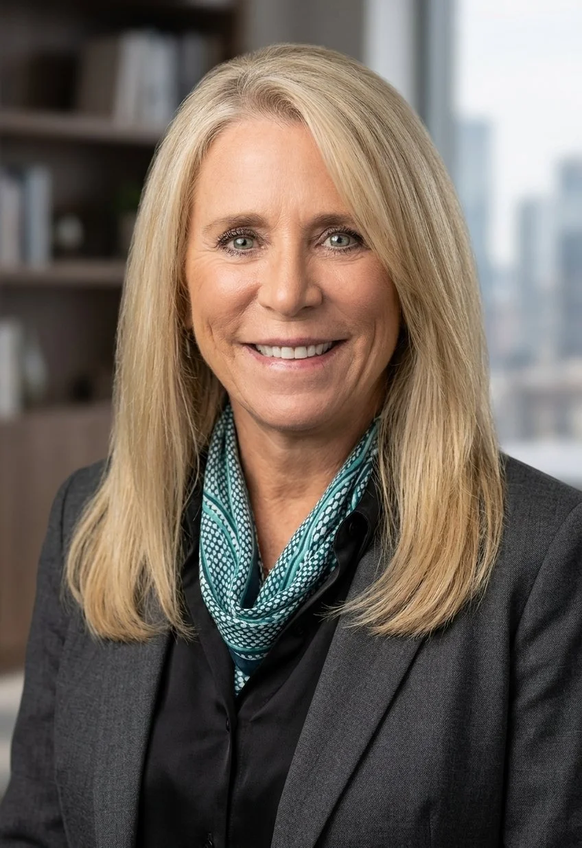 A professional woman with long blonde hair, wearing a dark blazer and a patterned teal scarf, smiling in an office setting with bookshelves and windows in the background.