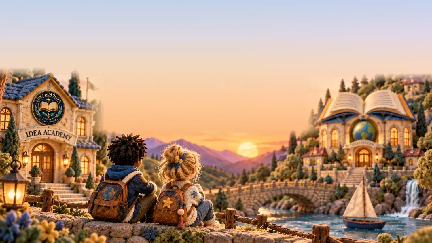 Binchi and Sparrow overlooking the City of Creativity at sunset, with Idea Academy, the Global Library, a bridge and a river.