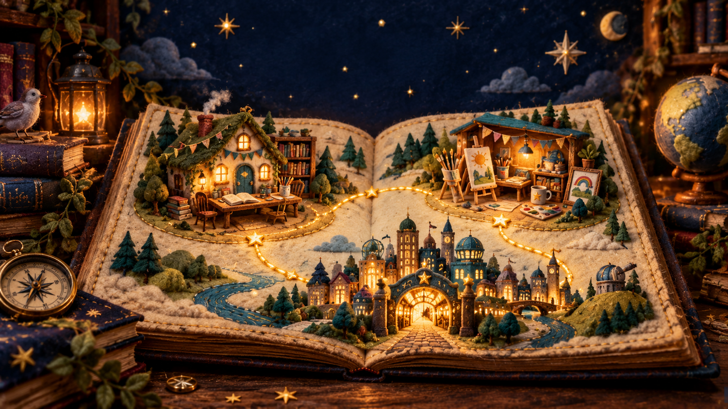 A felt storybook map with a cozy writing cottage, an art studio, and the glowing City of Creativity connected by a golden starry path