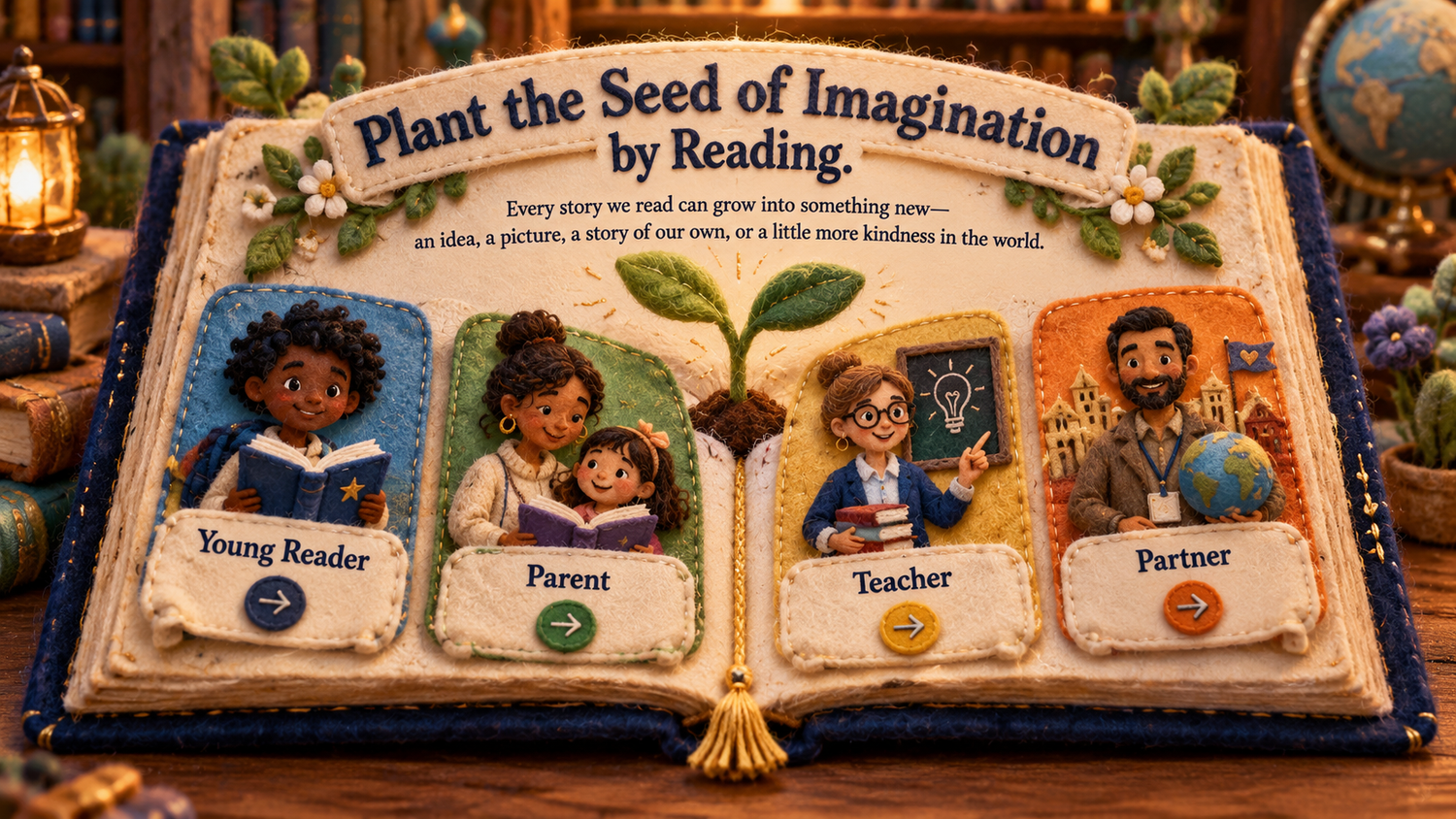 Handmade felt open storybook titled Plant the Seed of Imagination by Reading, with four choices: Young Reader, Parent, Teacher and Partner.