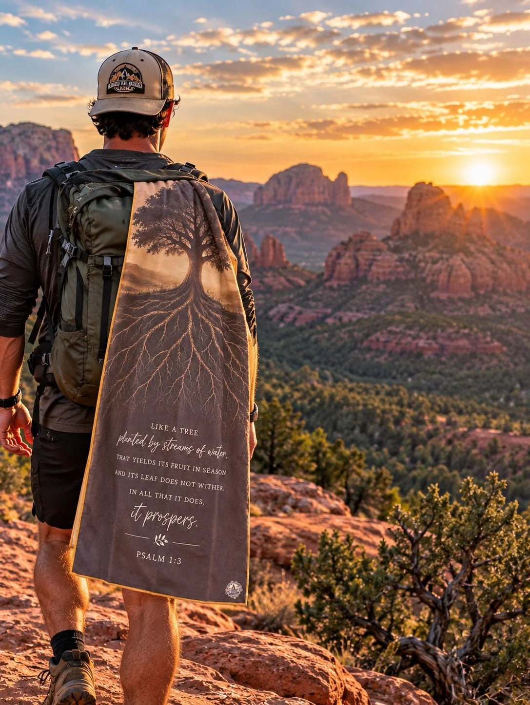 A man hiking in a desert landscape at sunset, carrying a backpack with a printed image of a tree and a biblical quote from Psalm 1:3.