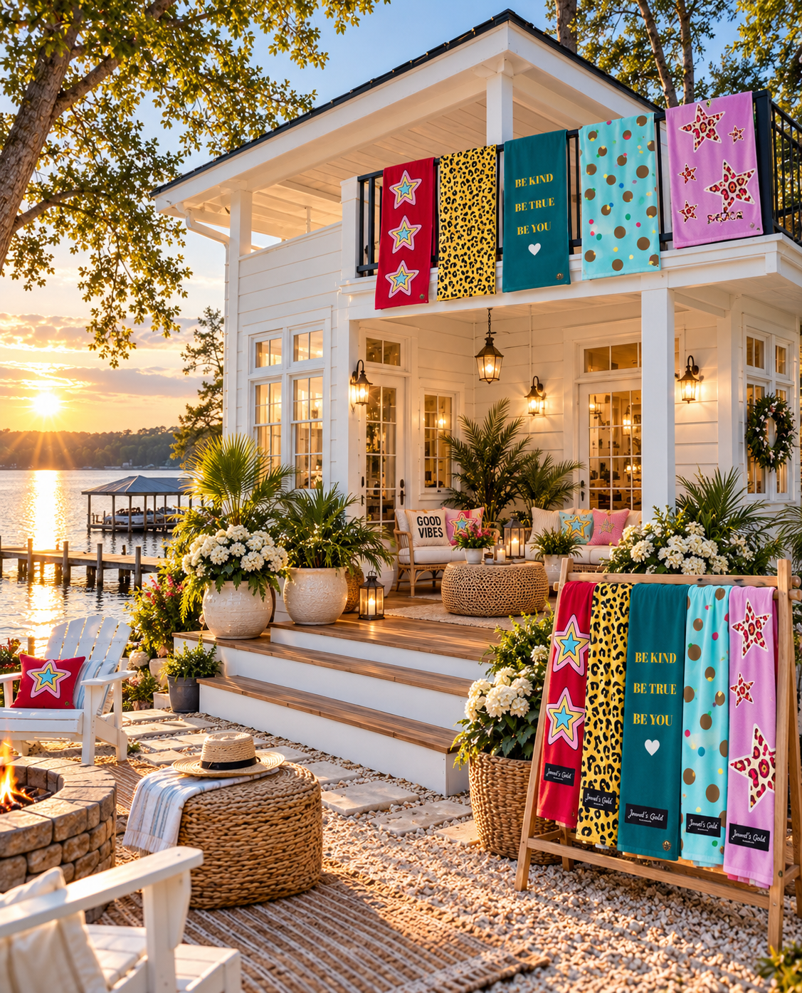 A lakeside house decorated for summer or a celebration with colorful towels hanging on a balcony, potted plants, flowers, and outdoor furniture illuminated by warm lanterns at sunset.