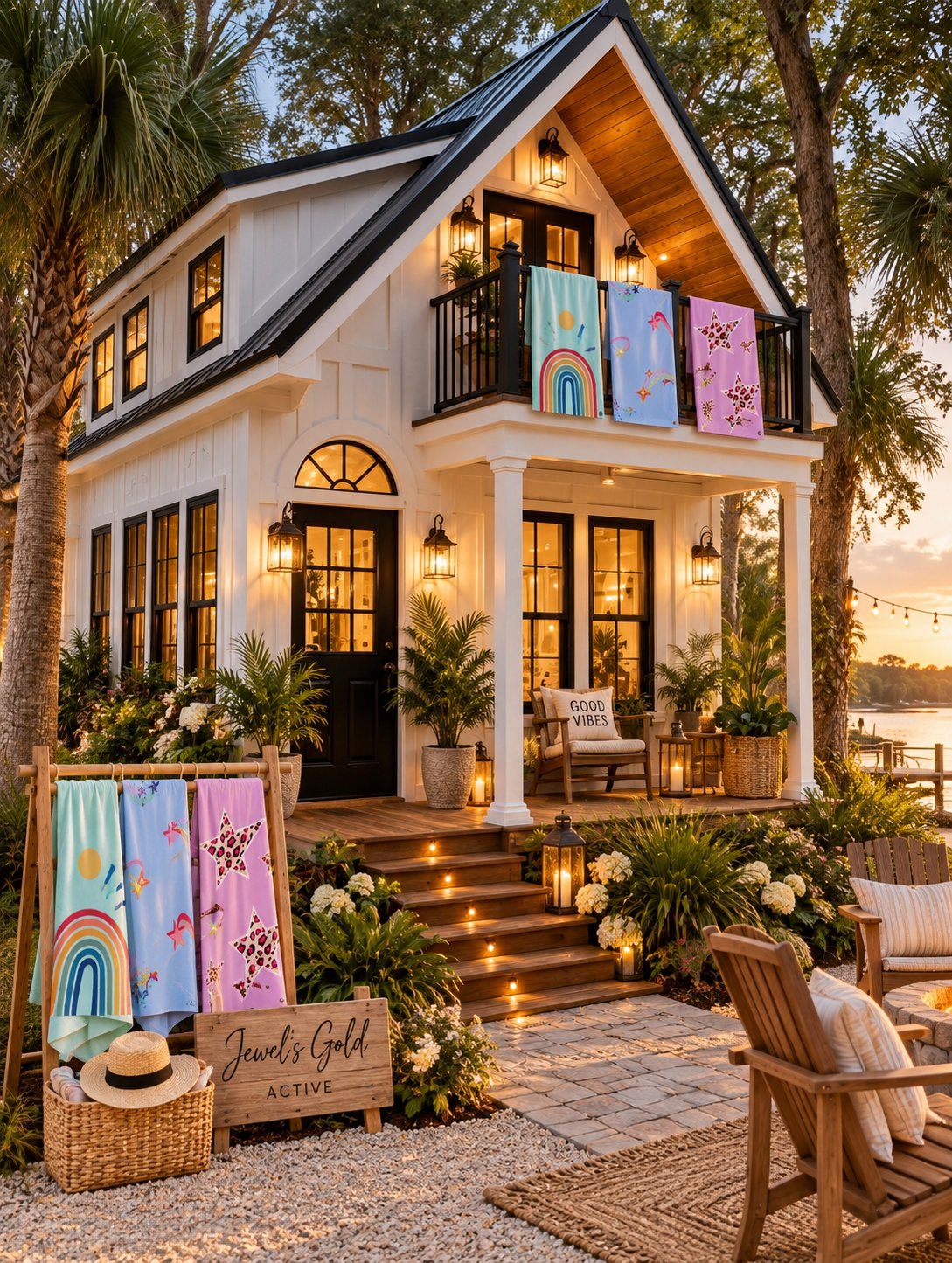 A two-story house decorated for a celebration with colorful towels hanging on the balcony railing, exterior lanterns illuminating the porch, potted plants, outdoor seating with pillows, and a sign that reads 'Jewel's Gold Active'. The house is surrounded by trees and has a waterfront view, with string lights hanging across the yard.