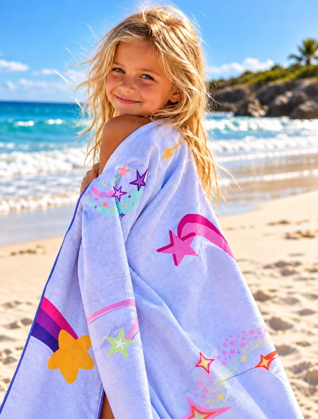 A smiling young girl with long blonde hair standing on a beach, wrapped in a colorful towel with star and rainbow patterns, with the ocean and blue sky in the background.