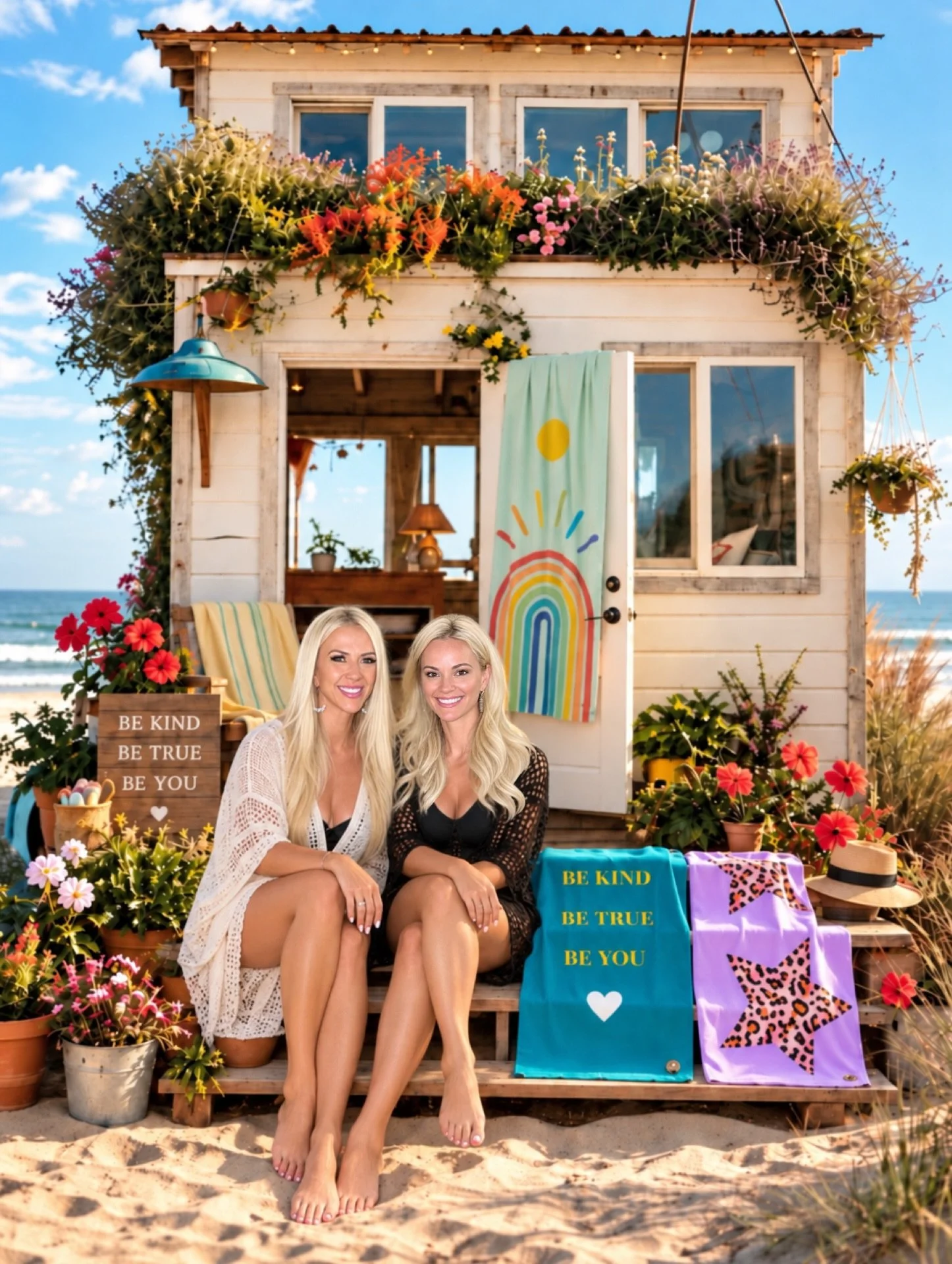 Two women sitting on a wooden bench on a beach, surrounded by colorful flowers and plants, in front of a small beach house decorated with cheerful signs and banners that read "Be Kind, Be True, Be You." One woman in a white cover-up and the other in a black dress, smiling.