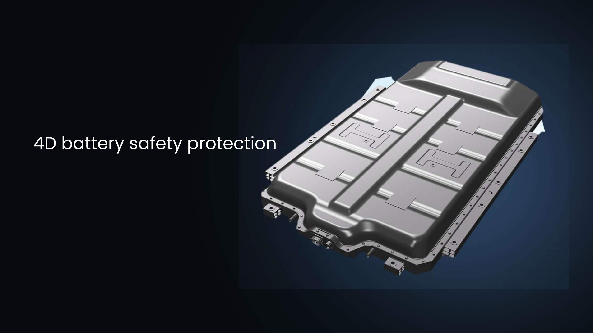 A digital illustration of a 4D battery with a metallic surface and structural components visible, labeled as '4D battery safety protection'.
