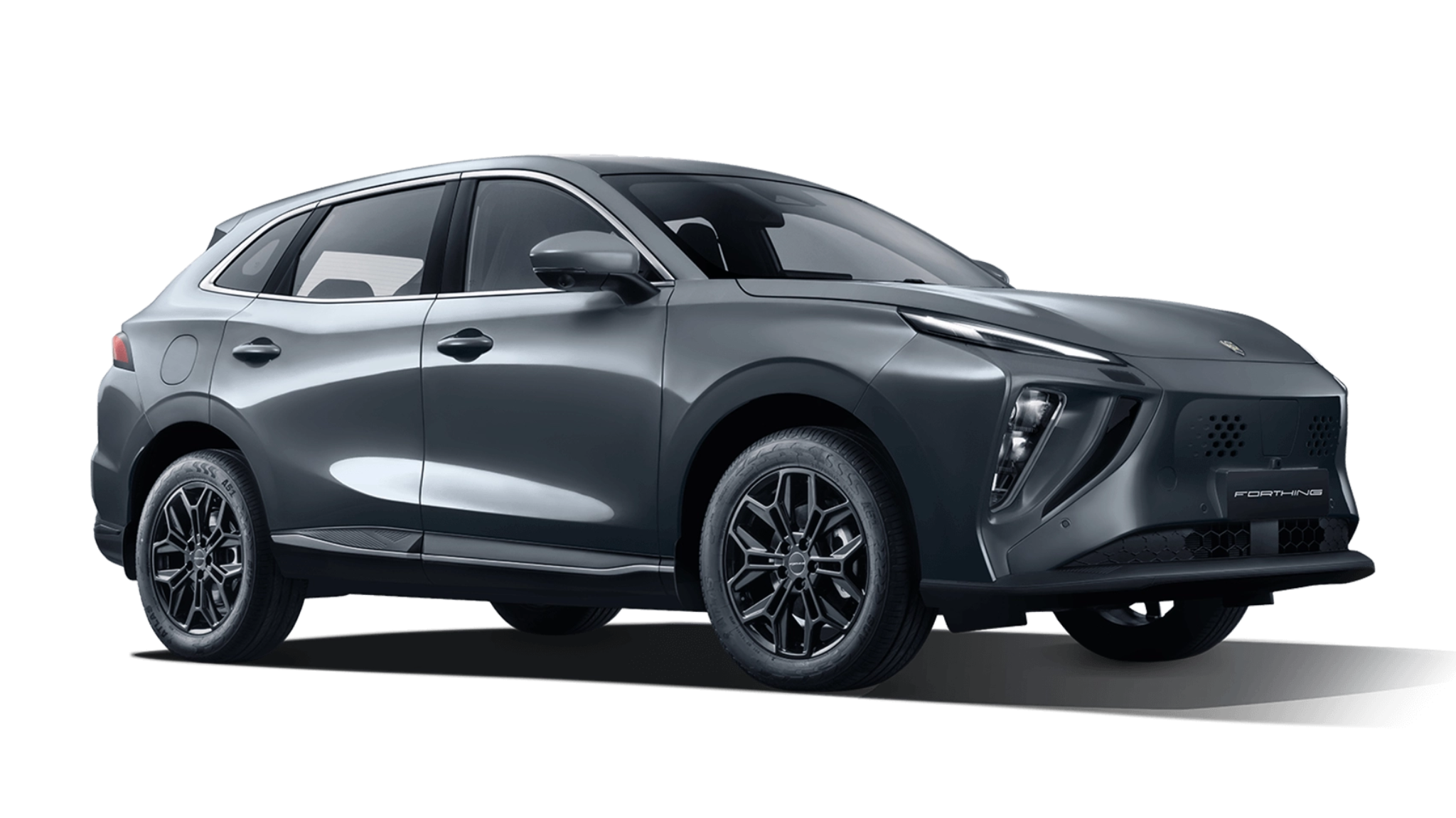 A sleek, modern dark gray electric SUV with sporty wheels and sharp design features.