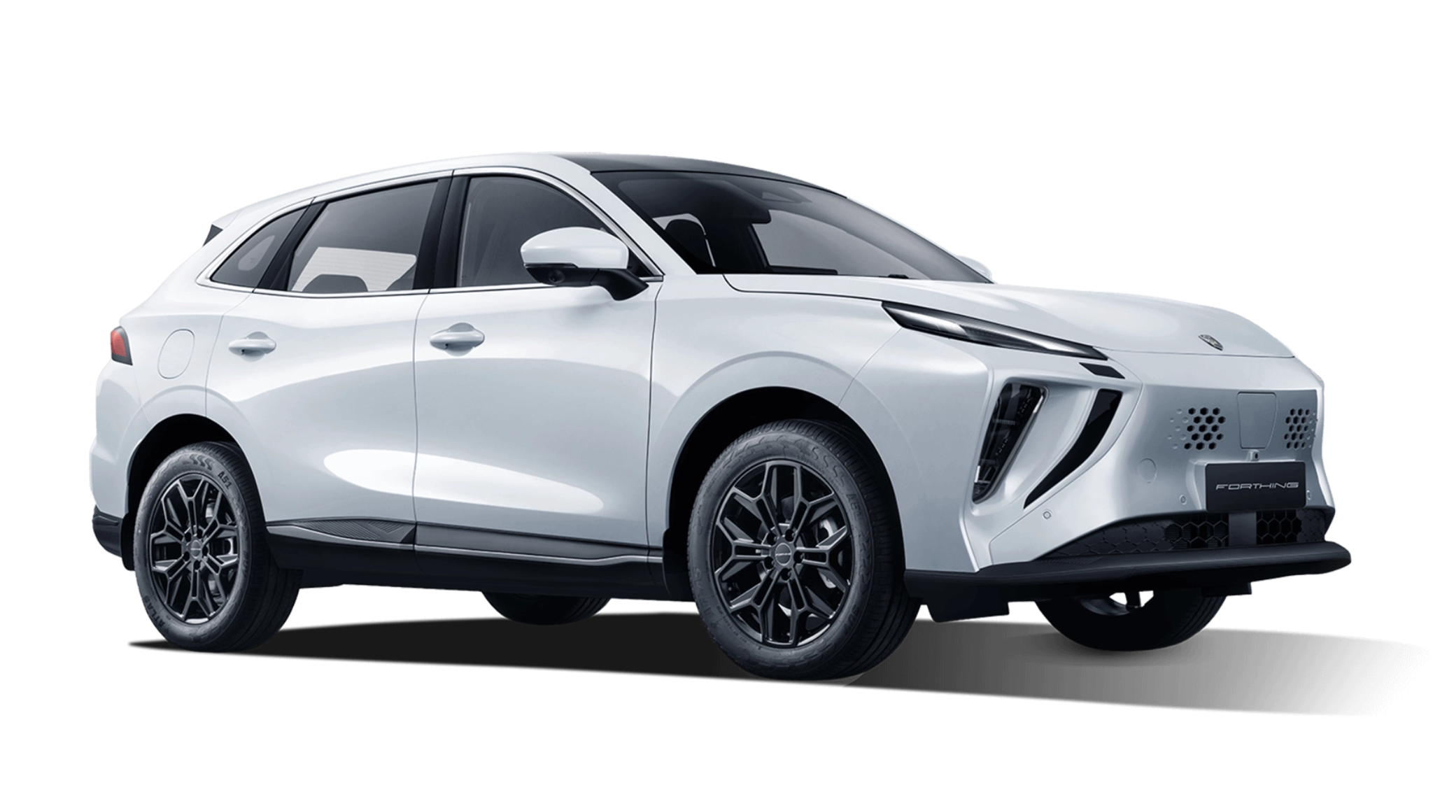 A white futuristic-looking crossover SUV with black accents, large wheels, and sleek design elements against a plain white background.