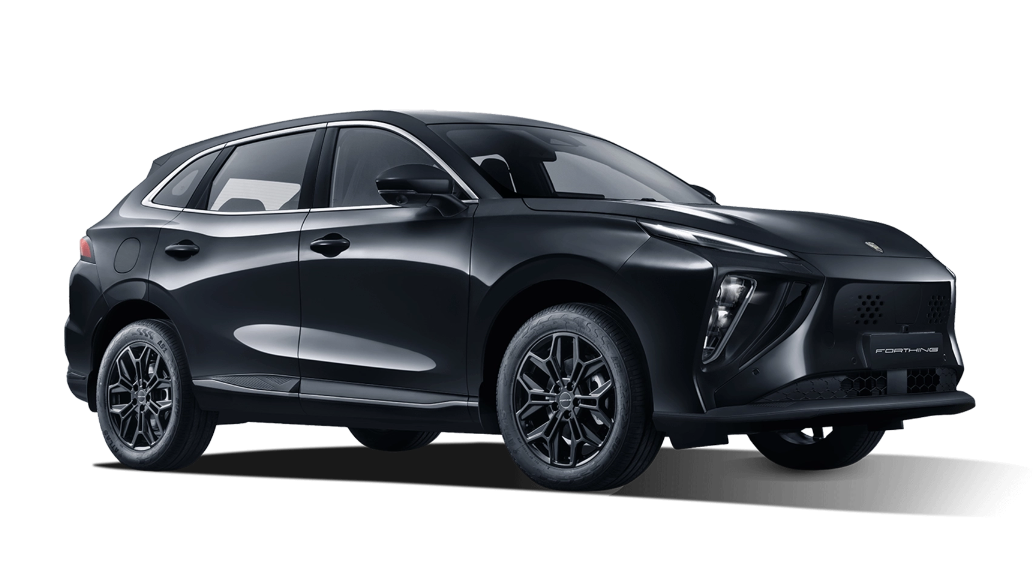 Black futuristic compact SUV with sleek design, large black alloy wheels, and modern headlight design