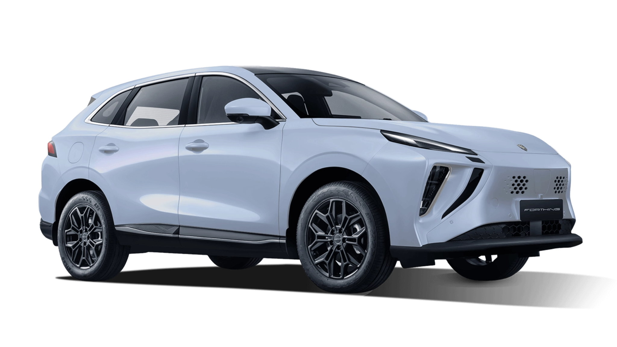Light gray futuristic SUV with sleek design, large black wheels, and modern headlights, isolated on white background.