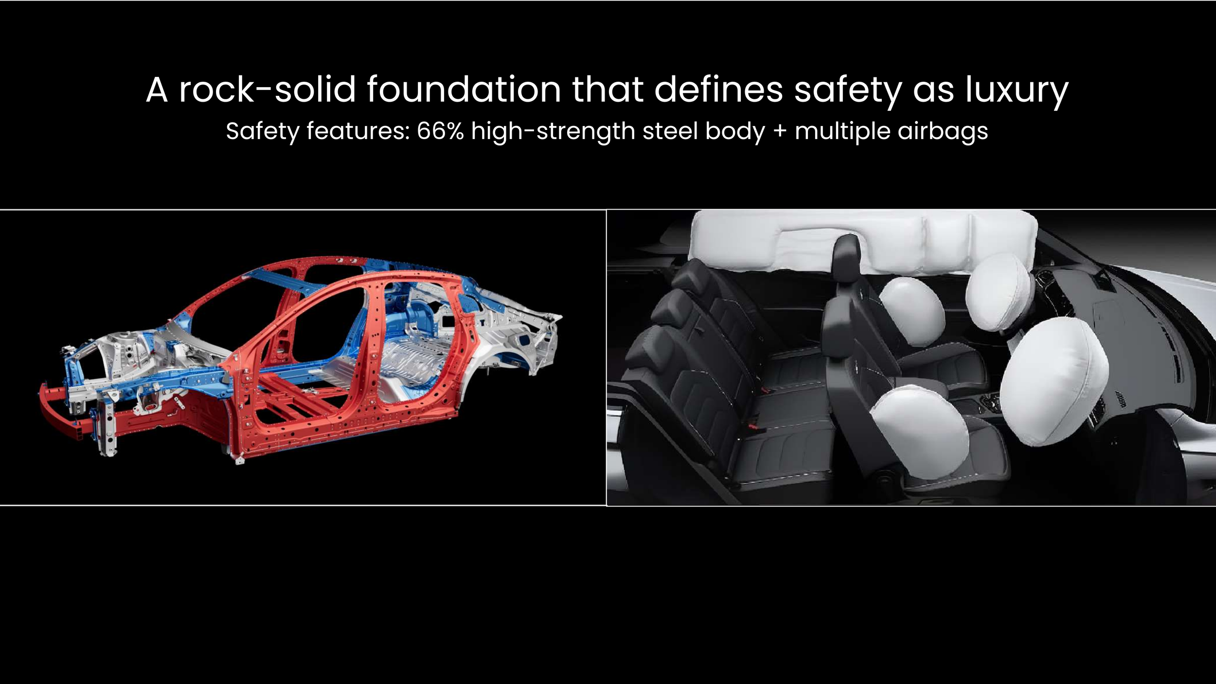 Comparison of a car's metal frame and passenger cabin with airbags deployed inside.