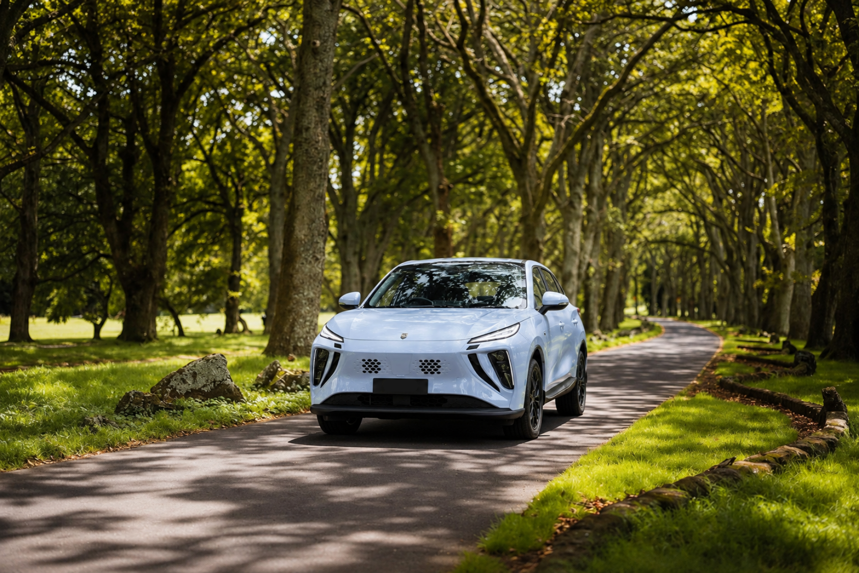 A blue modern compact car driving on a winding road through a lush green forest with tall trees and sunlight filtering through the leaves.