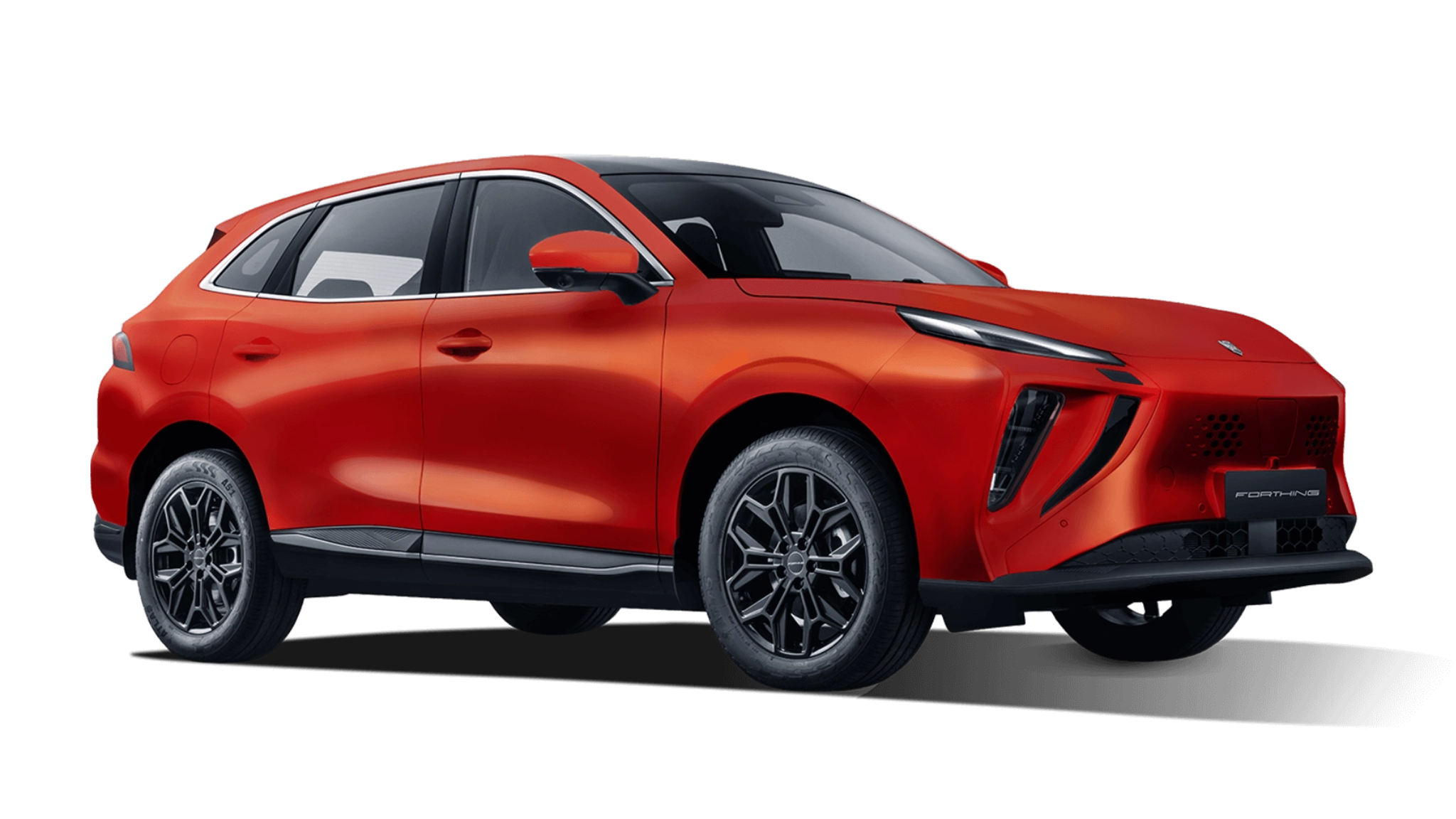 Red electric SUV with black accents and stylish wheels against a white background.