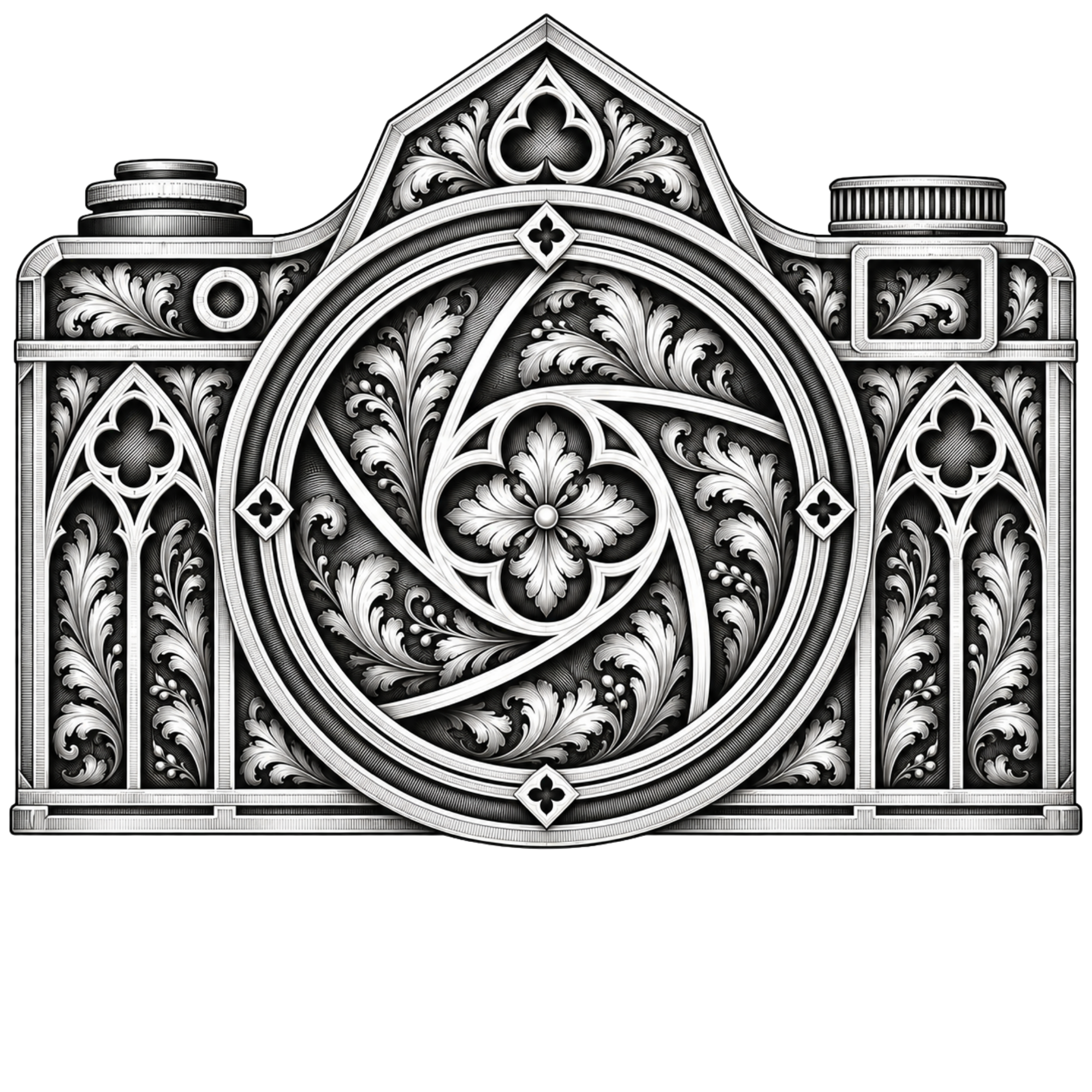 A highly detailed black and white ornate decorative pattern resembling a vintage camera with floral scroll motifs and intricate line work.