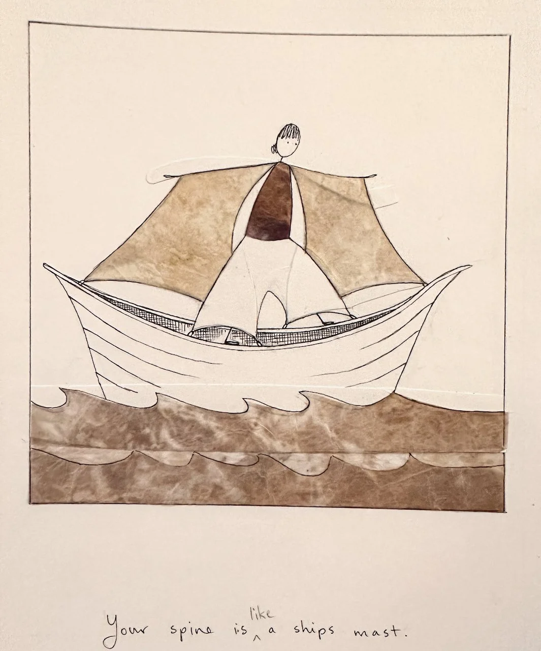 A drawing of a person on a boat with sails. The person's spine resembles a ship's mast.
