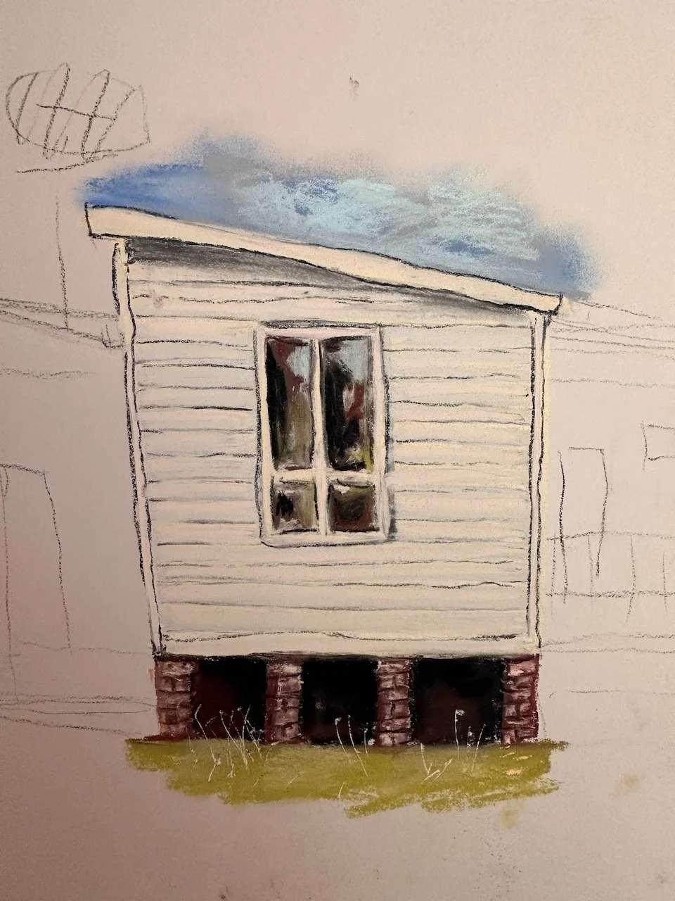 A drawing of a small house with white wooden siding and a brick foundation, featuring a window with multiple panes, under a blue sky.