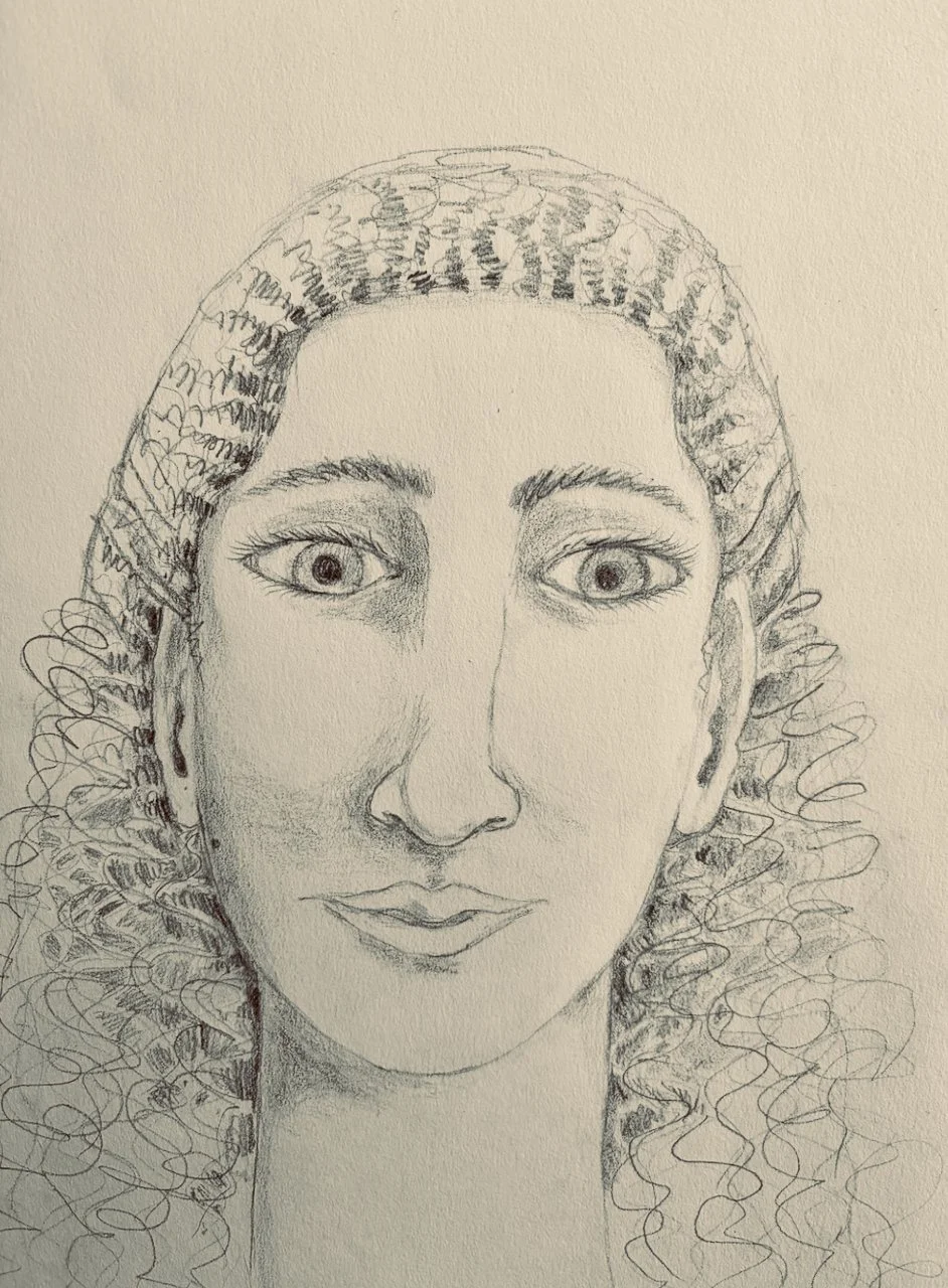 A pencil sketch portrait of a woman with curly hair, well-defined eyebrows, and detailed facial features.