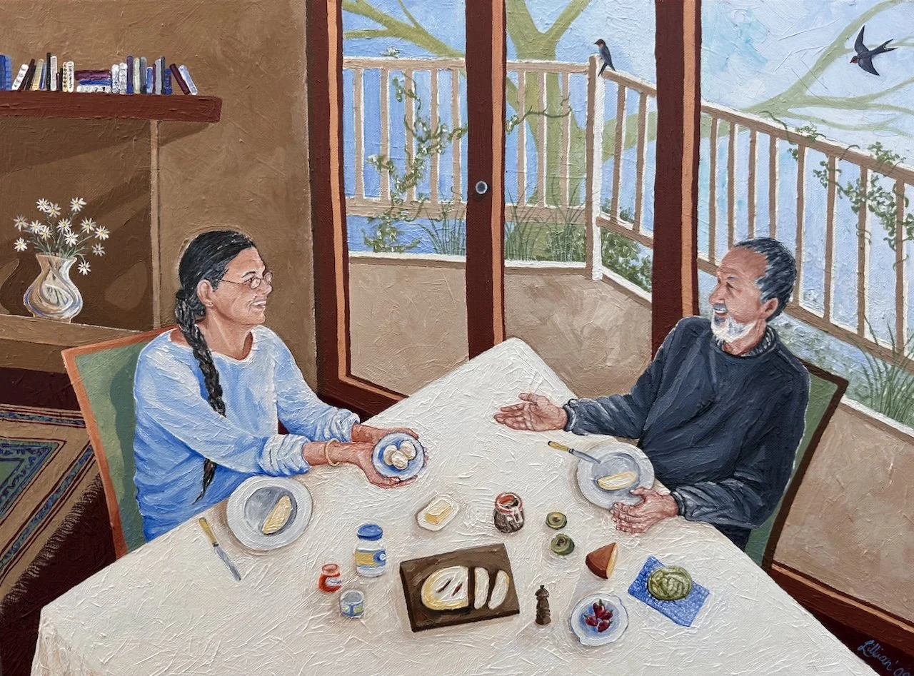 A painting of a woman and man sitting at a dining table, sharing a meal and laughing, with a view of a balcony and trees outside in the background.