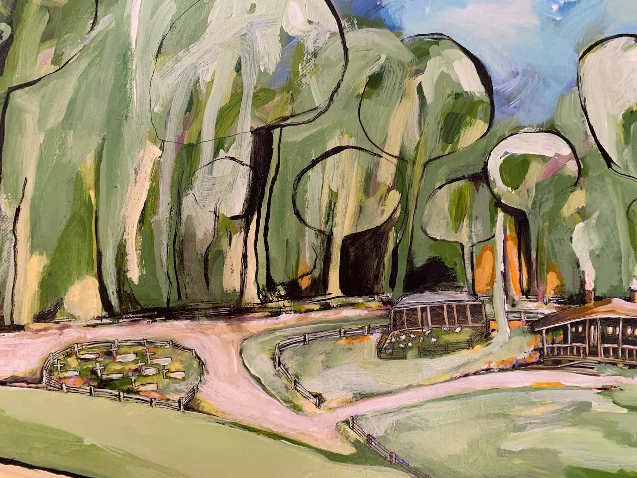 Painting of a park with tall trees, winding pathways, a small circular section of gravestones, and two wooden structures, all rendered in a loose, impressionistic style.